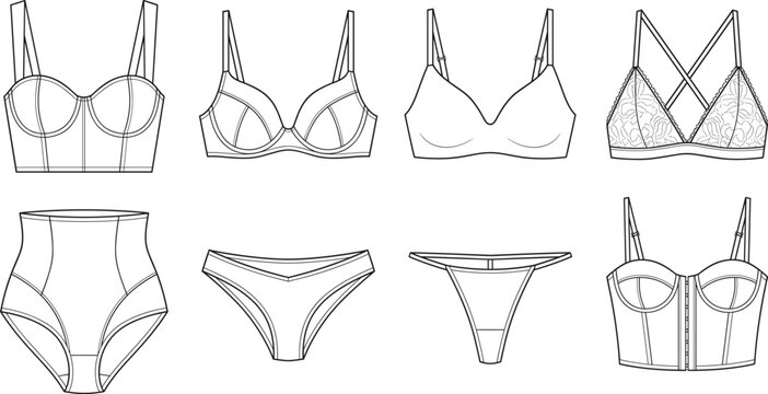 Technical flat sketch set of women lingerie bras and panties in line art style
