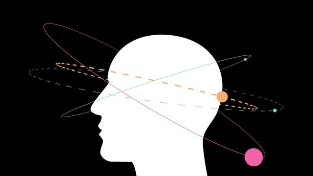 Silhouette of human brain illustration surrounded by colorful atomic orbits on a dark background. Seamless looping animation representing intelligence, neuroscience, artificial intelligence,