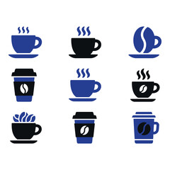 Obraz premium Set of 12 Minimalist Coffee Icons with Steam Effects in Blue and Black isolated on white background