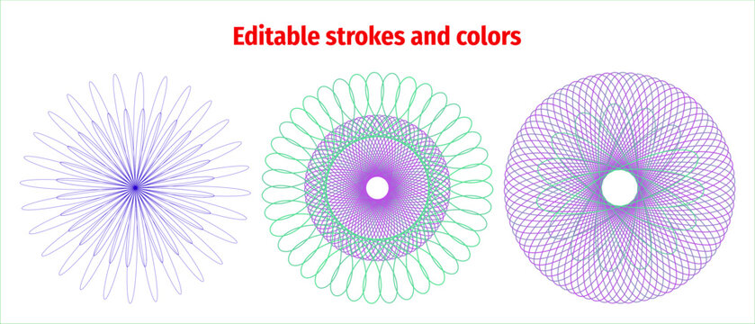 Guilloche pattern vector set, decorative circular security rosettes for certificate design, geometric spirograph line art with editable strokes and colors