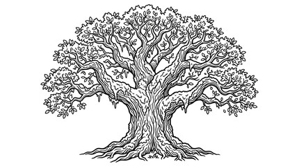 Sleek Black and White Line Drawing of a Majestic Intricately Detailed Ancient Tree with Spread Roots and Lush Foliage © NGAINAAULIYA