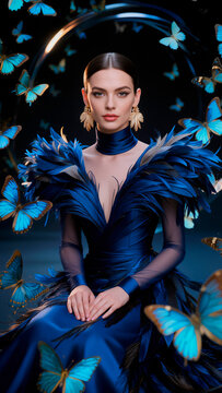 Portrait of Young Woman Surrounded by Blue Butterflies. AI generated
