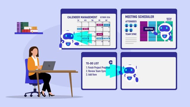 Businesswoman Using AI Assistant for Calendar Management and Meeting Scheduling cartoon animation