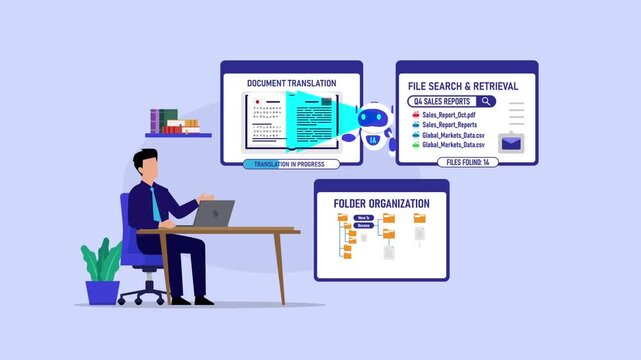 AI Assistant Managing Document Translation File Search and Folder Organization cartoon animation