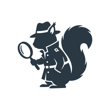 A silhouette illustration of a squirrel dressed as a detective holding a magnifying glass