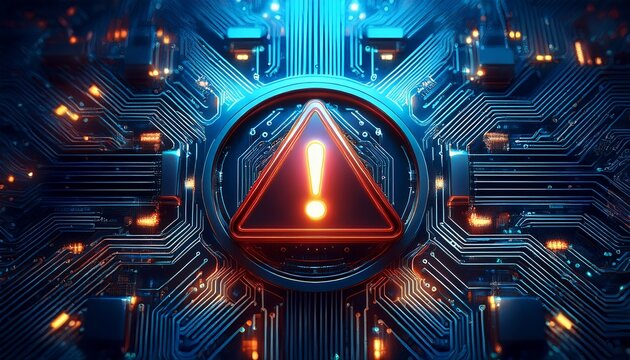 alert warning symbol on circuit board digital technology security threat detection system failure caution notice electronic risk information system data breach computer problem