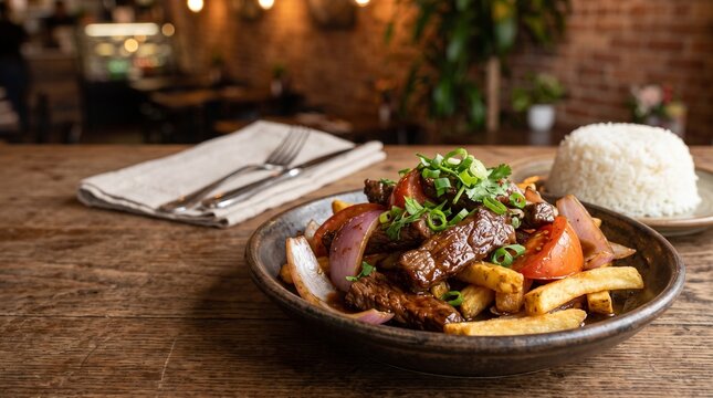 Gastronom&iacute;a peruana aut&eacute;ntica, ceviche tradicional, lomo saltado y pisco sour con estilo comercial y espacio negativo