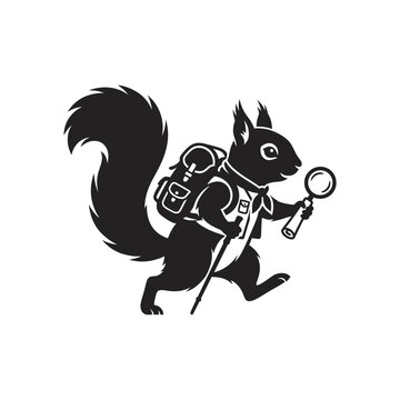 A black and white illustration of a cute squirrel explorer carrying a backpack and magnifying glass