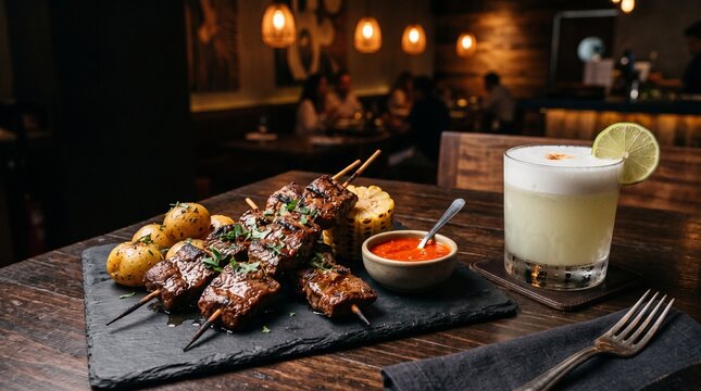 Gastronom&iacute;a peruana aut&eacute;ntica, ceviche tradicional, lomo saltado y pisco sour con estilo comercial y espacio negativo