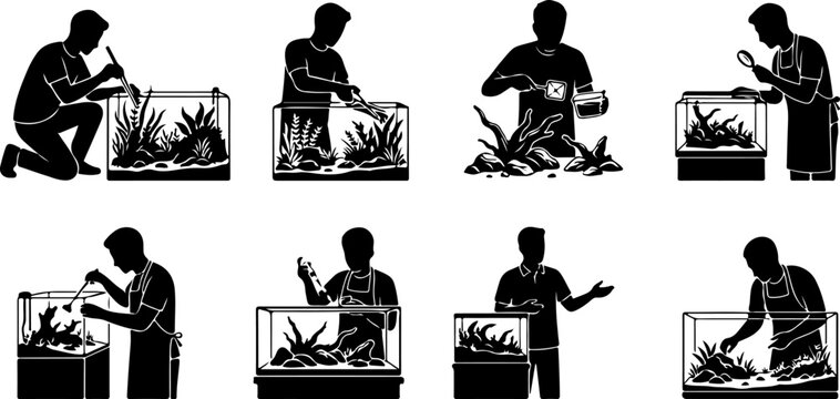 Set of silhouettes of a man caring for an aquarium vector illustration