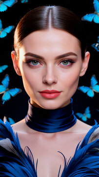 Portrait of Young Woman Surrounded by Blue Butterflies. AI generated