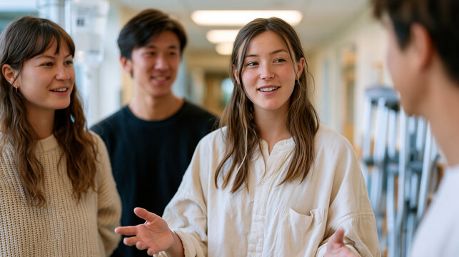 A hospital corridor group of occupational therapists debates local versus abroad volunteer placement options, their animated discussion captured mid gesture under fluorescent ward