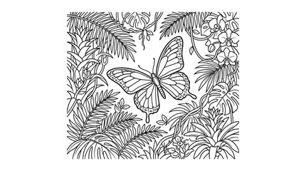 Industrial Style Black and White Botanical Butterfly Pattern with Floral and Foliage Design with high quality professional line art symbols for modern creative design and digital branding projects © NGAINAAULIYA