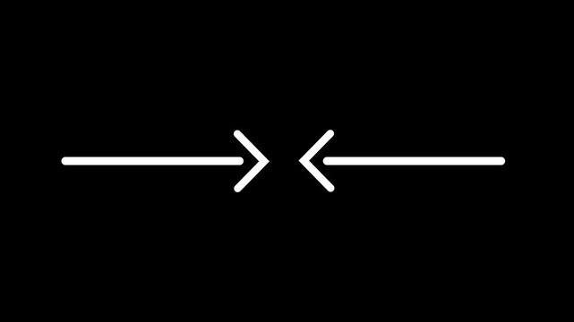 Minimalist animated arrows pointing inward, white line on black background, for ui and, motion pointer