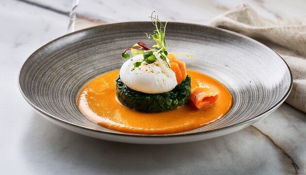 fine dining dish with poached egg spinach puree and carrot sauce on marble