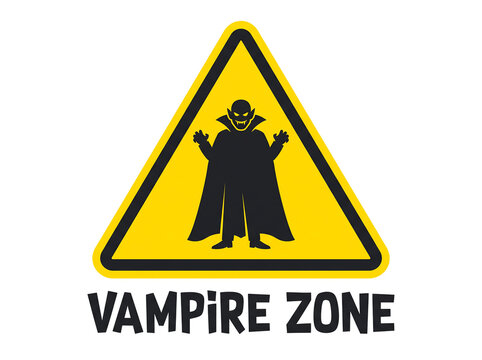 Yellow triangular vampire zone warning sign with Dracula silhouette and spooky typography for Halloween and horror concept
