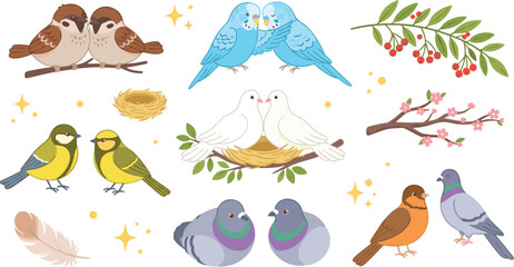 Cute Garden Birds Vector Illustration Set with Lovebirds Budgies Doves Pigeons Sparrows Nest and Botanical Tree Branch Elements for Kids Nursery Designs © Shakil
