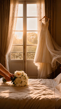 Wedding Dress Hanging in Window with Bouquet on Bed