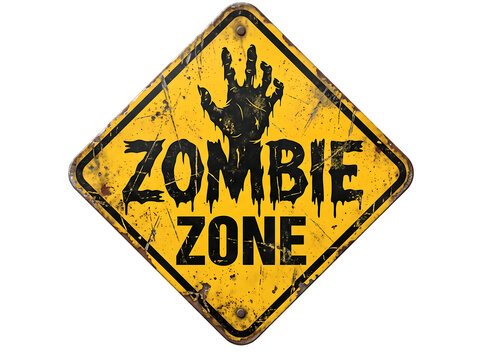 Distressed yellow diamond zombie zone warning sign with bloody handprint grunge texture for Halloween and horror concept
