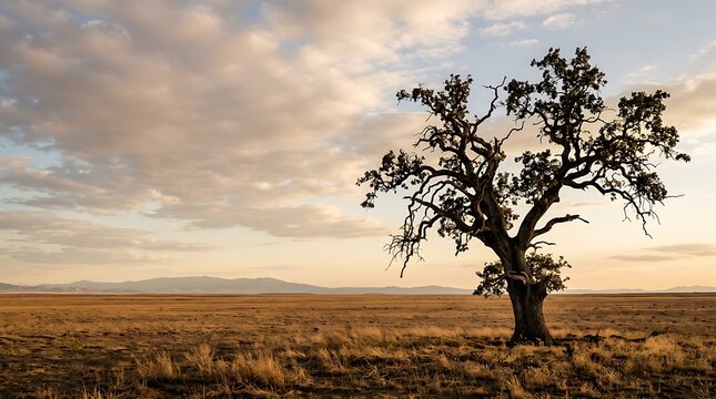Lone oak tree standing in a vast golden field at sunset