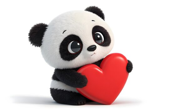 Cute cartoon panda holding a red heart