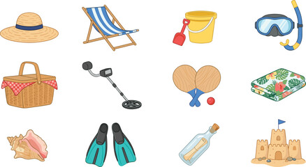 Summer Beach Vector Illustration Set with Deck Chair Sandcastle Snorkel Goggles Straw Hat Flippers and Metal Detector Elements for Vacation Designs © Shakil