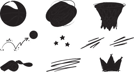 Basketball Sketch Graphic Vector Element Set with Hand Drawn Basket Hoop Ball Whistle Crown Stars and Dynamic Scribble Lines for Sports Designs © Shakil