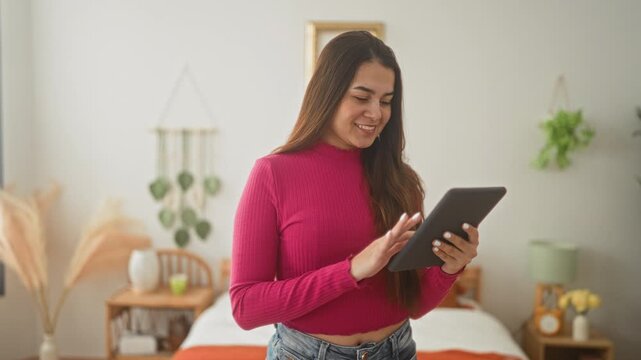 Young woman holding tablet and tapping screen, smiling in a bedroom inside a building; relaxed focus.