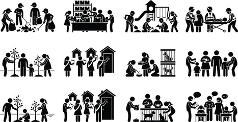 Set of Community Service and Volunteer Work Stick Figure Pictogram Icons Illustrating Charity Activities