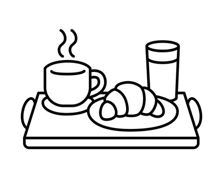 Simple outline icon for breakfast tray with coffee, juice and croissant. Editable stroke. Fresh bakery, hot tea and glass of drink line art vector symbol. Hotel hospitality sign.