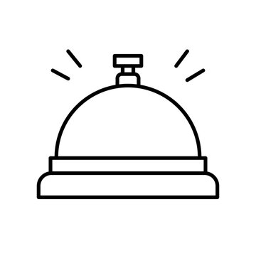 Hotel reception desk service bell line icon. Minimalist vector symbol of ring bell concierge assistance, lobby hospitality, ring notification, and room service button.