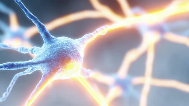 Slow motion close up zoom on neuron firing and electrical signal transmission in brain cortex model laboratory