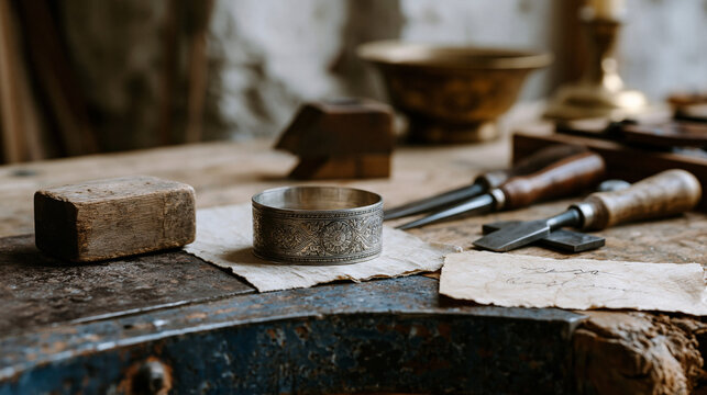 A symbolic still life of silversmithing burnishing tools, a half finished cuff, and a handwritten note reading rest placed on an industrial bench, representing the quiet reality