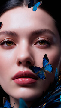 Portrait of Young Woman Surrounded by Blue Butterflies. AI generated