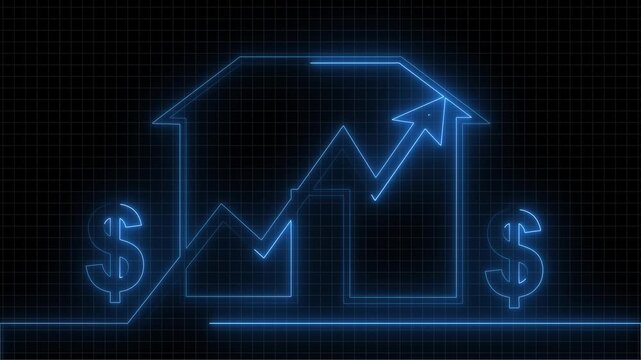 Home real estate charts trace residential asset growth metrics over blue grids. Modern commercial property tracking software looks clean and professional. Buildings climb.