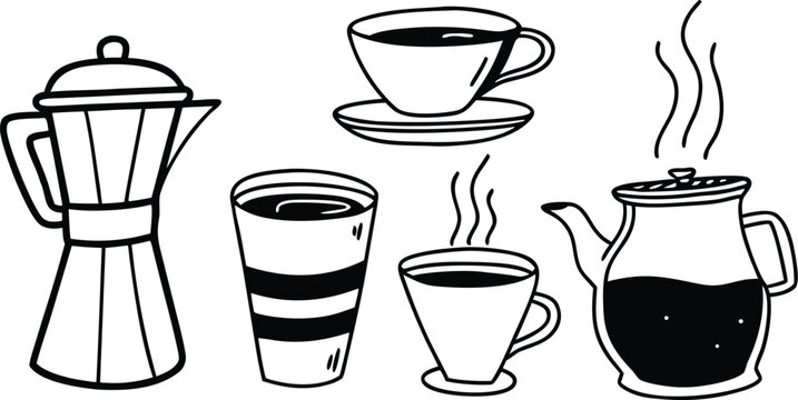 Hand drawn collection of coffee pots and tea cups