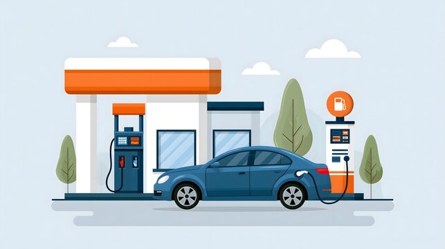 flat vector illustration of fuel station service featuring gasoline pump, payment and transportation concept, modern editorial style