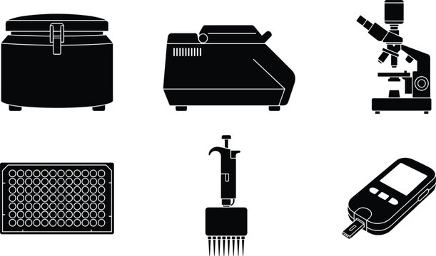 Clinical Diagnostics Vector Set with PCR Machine Autoclave Microscope Microplate Multichannel Pipette and Glucometer