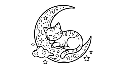 Fototapeta premium Cute Sleeping Kitten on Crescent Moon Coloring Page Vector Illustration