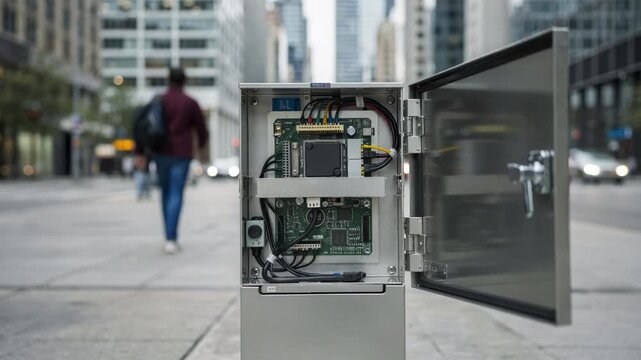 Sharp image of a micro data node within a street cabinet installed on an urban sidewalk in a financial district the bustling cityscape subtly blurred behind.