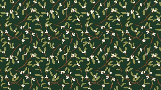 Seamless mistletoe pattern with white berries on dark green backdrop