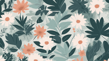Fototapeta premium A beautiful seamless pattern featuring white and peach daisy-like flowers interspersed with various shades of green and teal leaves on a textured light blue-green background.