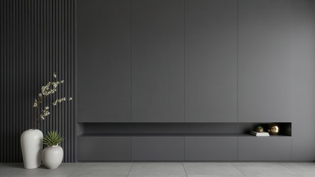Minimalist interior with dark grey wall panels and plants. Home design.