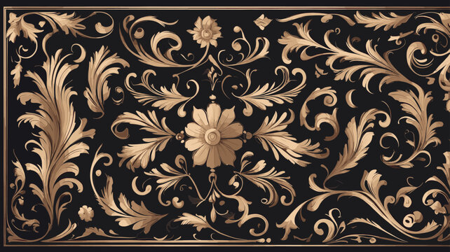 Ornate gold floral and leaf scrollwork pattern on a dark background, intricate classical decorative design.