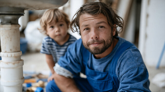A plumbing apprentice crouches beneath a sink pipe in a busy urban flat renovation, a young child peering down from behind with curious eyes at the tools and fittings below, the