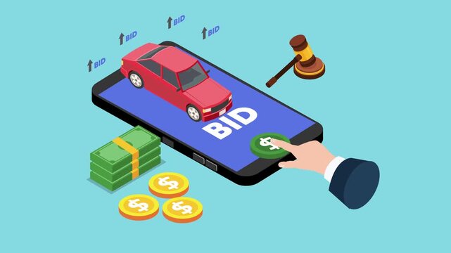 Mobile Car Auction Concept with Smartphone, Red Sedan, and Gavel 3d animation cartoon