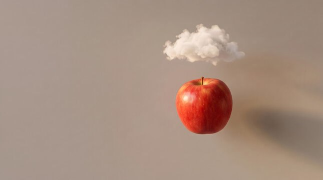 A surreal red apple floating in the air with a small white cloud against a neutral background. AI generated.
