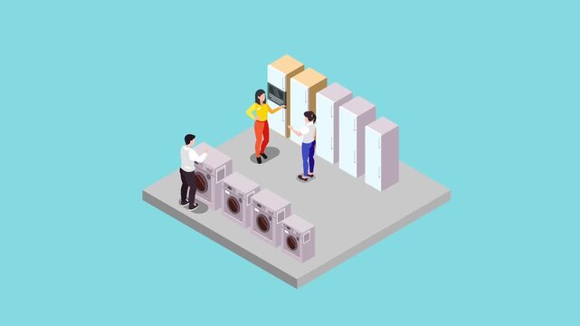 Customers Shopping for Refrigerators and Washing Machines in Home Appliance Store 3d animation cartoon