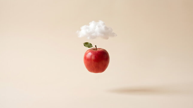 A surreal red apple floating in the air with a small white cloud against a neutral background. AI generated.