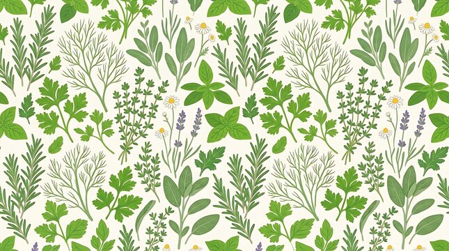 Seamless pattern of fresh culinary herbs and medicinal spices